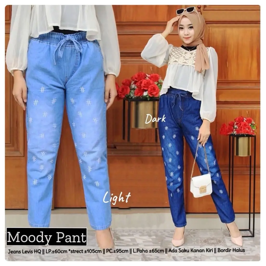 Celana jeans wanita variasi Moody baggy pant standar premium terbaru Panjang Karet Denim