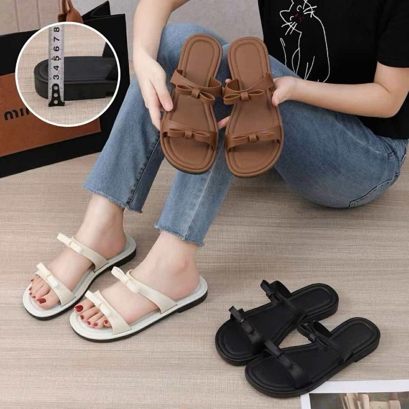  Dép mữ 2 quai charm nơ tiểu thư sang chảnh đế cao 2cm chất liệu CSN-BAPDEPXINH 