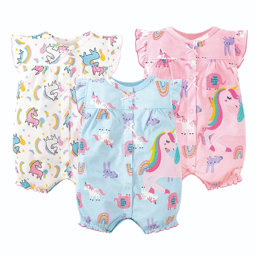 Jumpsuit lengan pendek untuk gadis yang baru lahir, pakaian bercetak unicorn comel, kapas, selesa dan bernafas untuk bayi Perempuan