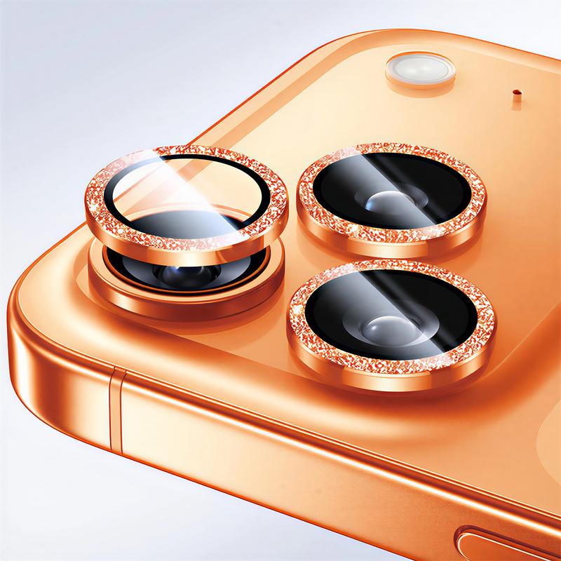 Tấm Bảo Vệ Ống Kính Máy Ảnh Dành Cho Dòng iPhone 17 17 Pro 17 Pro Max Pro Promax 16 15 14 13 12 11 Kính Cường Lực 9H Bảo Vệ Màn Hình Nắp Camera Phụ Kiện Trang Trí Vòng Kim Loại Màu Cam Lấp Lánh
