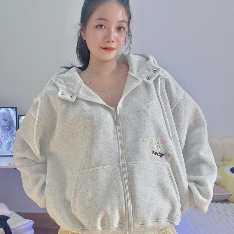 Áo Hoodie Zip Nỉ Bông Form Rộng Nữ 2 Nút Chữ Thêu Lavies