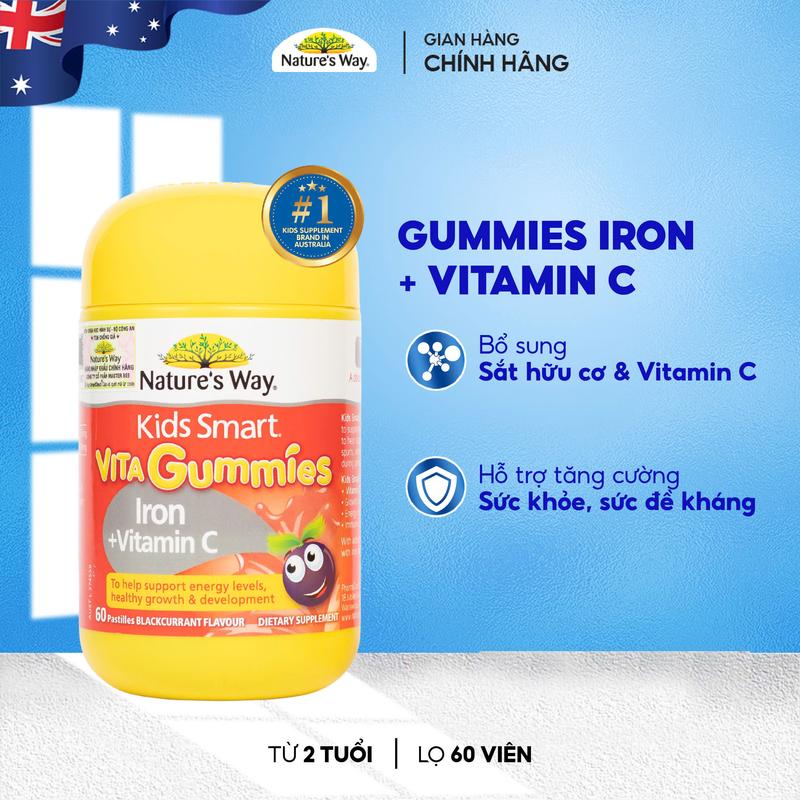 Gummies sắt Nature's way kids Smart Vita Gummies Iron và Vitamin C 60 viên Kẹo Dẻo Bổ Sung Sắt Hữu Cơ và Vitamin C Cho Trẻ em