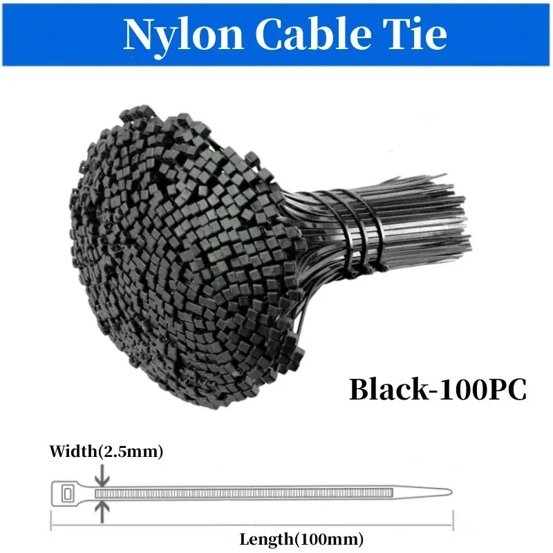 Tie Kabel Nilon 2.5x100mm 100pcs Hitam Putih Self-Locking Kuat Tahan Lama untuk Kabel & Organizer