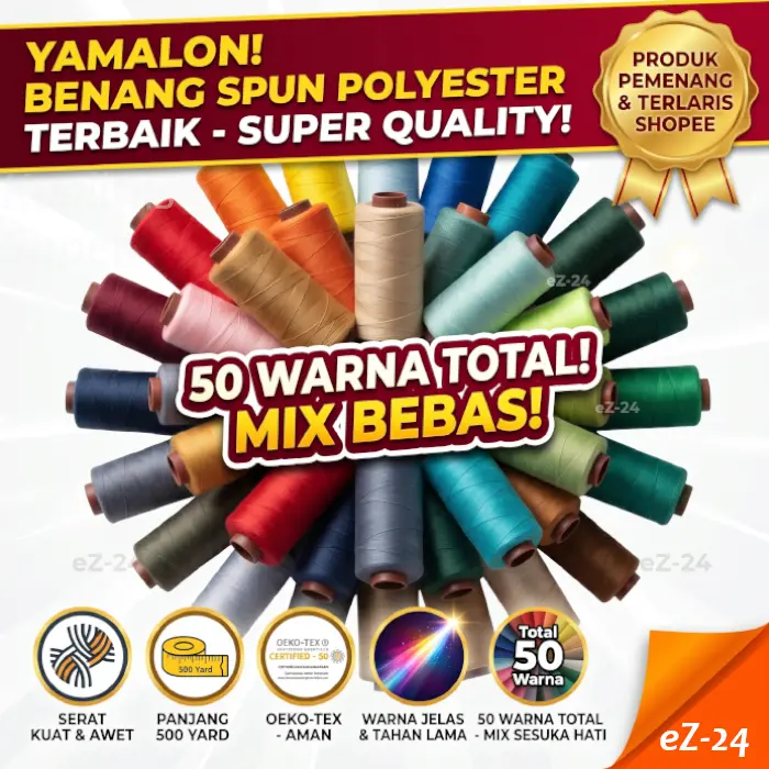 Benang Jahit Premium Merk YAMALON Grade A Panjang +- 500yard (+-450M) Spun Polyester Coklat Gold Hijau Hitam Kuning Merah Pink Putih dusty pink burgundy maroon natural safe green coklat polisi hijau tni abu sma lavender
