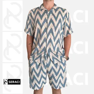 SERACI - one set kemeja pria dan wanita setelan celana pendek hawaii daily outfit pantai bahan rayon premium baju tidur piyama motif zig zag cream denim