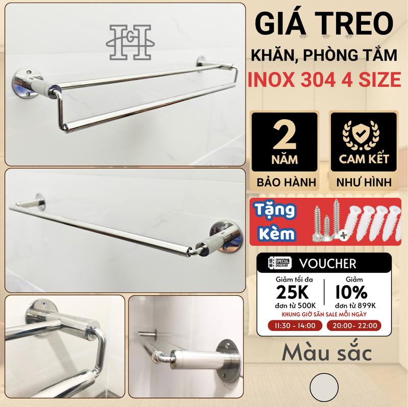   INOX 304  Thanh treo khăn quần áo ĐƠN KÉP. Chân đế đặc bắn tường chắc. 8 size tặng ốc vít tắc kê 