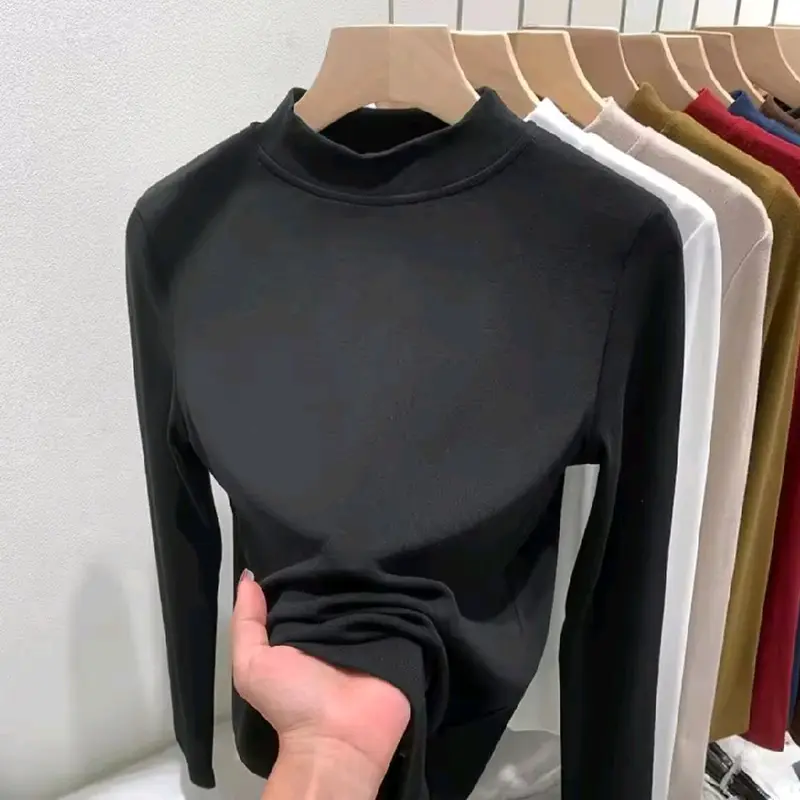 Atasan Wanita Kaos Manset Lengan Panjang Setengah Turtle Neck Top Model Classy & Santai Polos All Size - Oversize - Kerah, Baju, Tangan Katun T-Shirt Oblong Basic Hitam Simple - Pendek Cewek Tee Casual Formal Putih Rayon Stretch 5