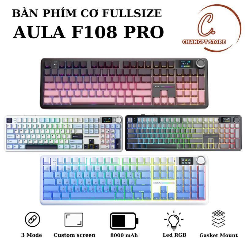 BÀN PHÍM CƠ AULA F108 PRO - FULL SIZE KÈM  MÀN HÌNH VÀ CÓ  NÚM XOAY TÙY CHỈNH CHẾ ĐỘ 