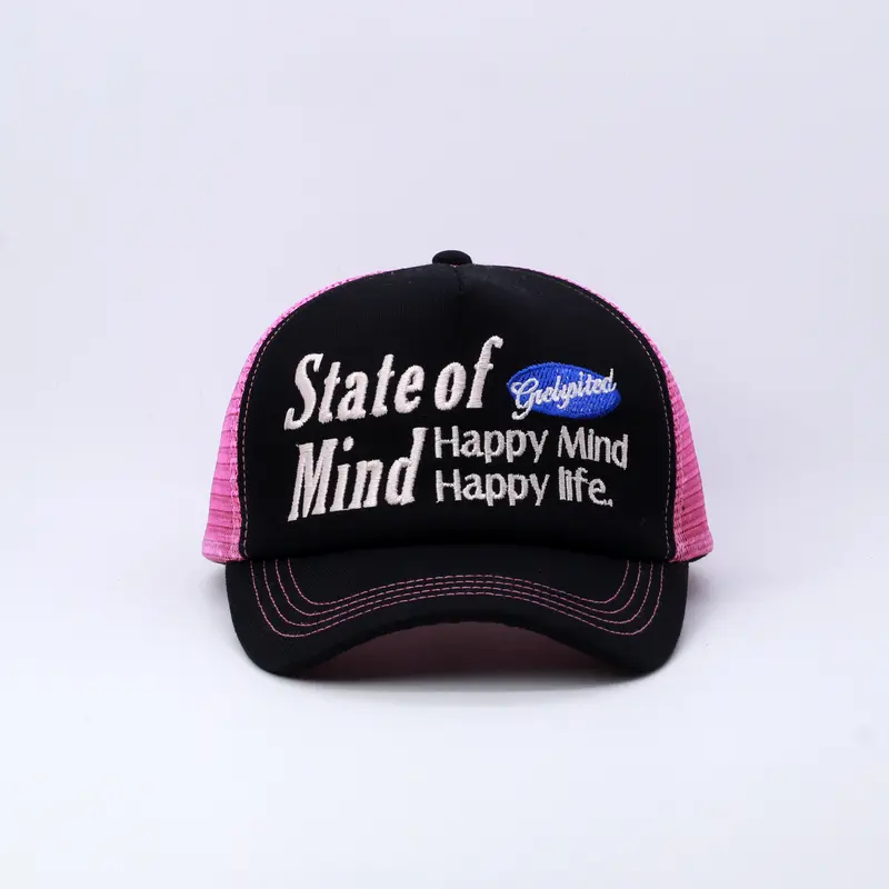TOPI JARING TRUCKER HAT BAHAN TWILL LIDAH PENDEK HITAM MIX PINK GRELYSITED STATE OF MIND 1