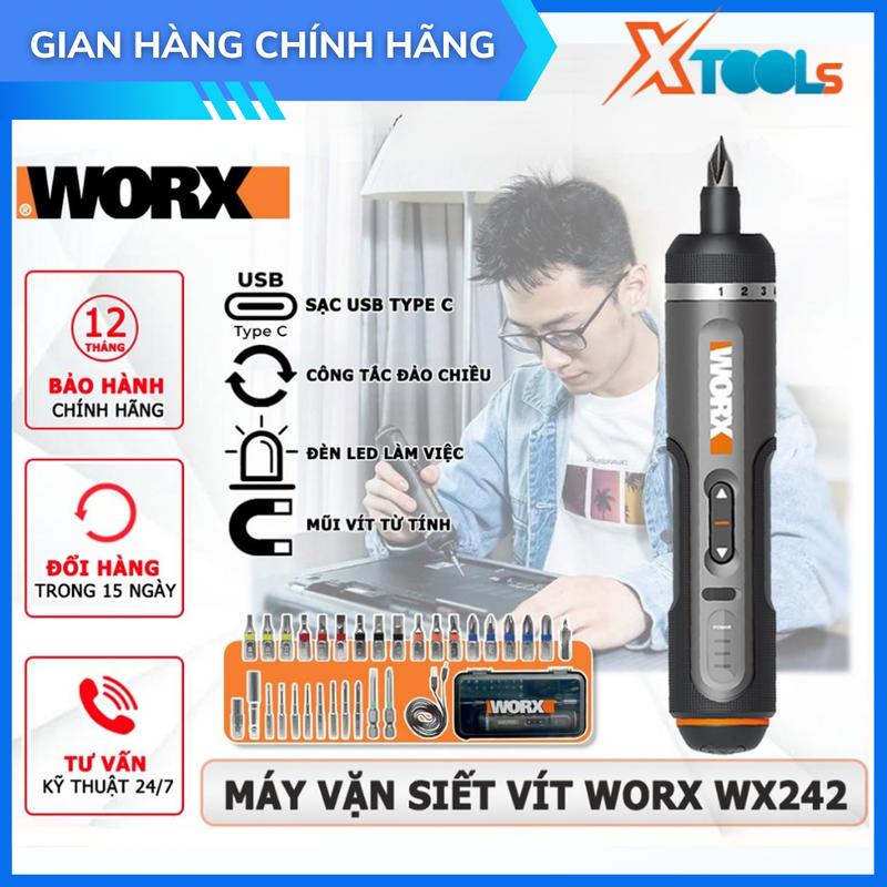 Máy bắn vít mini WORX WX242 4V Máy vặn siết vít 7 mức cấp độ kèm 30 đầu vít và đầu nối vít