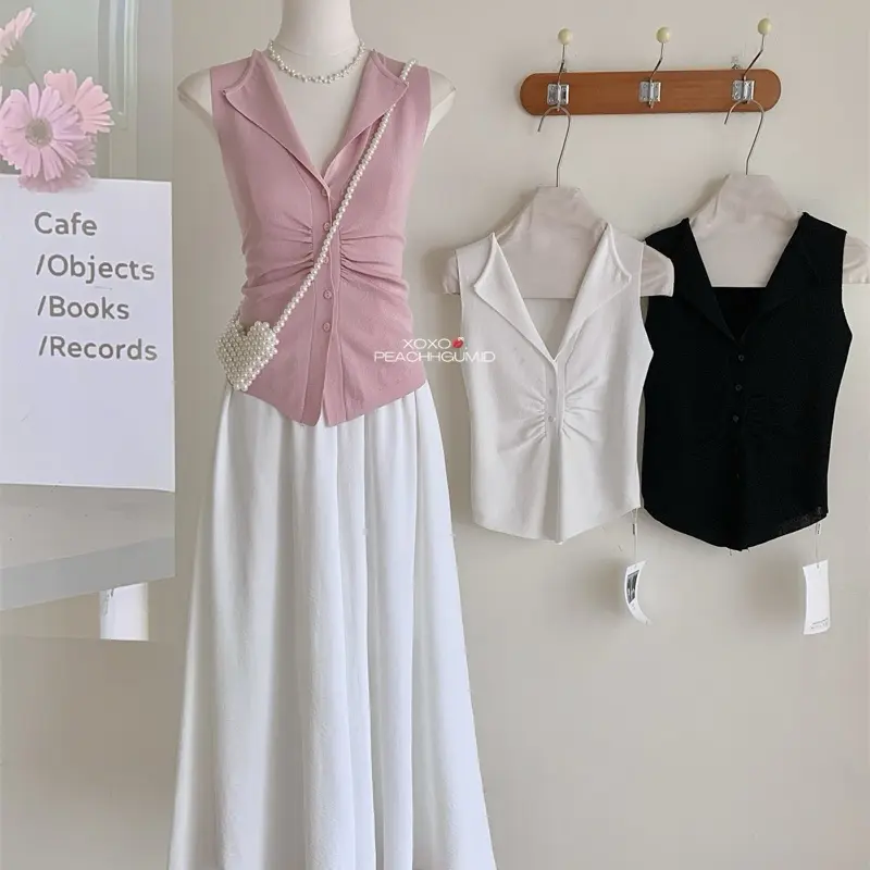 Zoe Top | sleeveless top Summer New Korean Slim Fit Lapel Design Pleated Commuter South Korea Dongdaemun Slimming Versatile Knitted Vest for Women