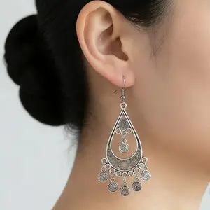 GR Anting Gantung Tetes Perak Berongga dengan Rumbai Lingkaran Konsentris, Gaya Boho