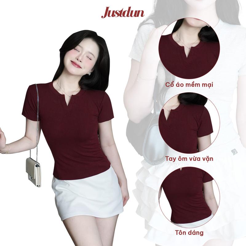 Áo Thun Nữ Ôm Body JUSTDUN E44 – Cổ Trụ Tàu Tay Ngắn, Vải Cotton Mềm Mịn Co Giãn 4 Chiều, Thoáng Mát | BigBuy360 - bigbuy360.vn