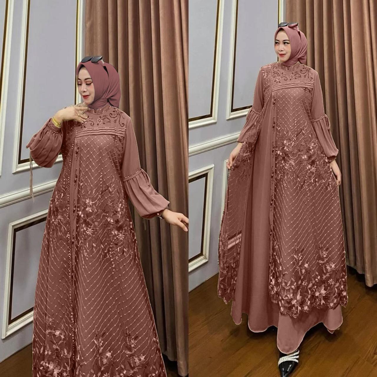 Gamis Ciara Maxi Bahan Ceruty Babydoll Premium Full Furing Motif Brukat Hiasan Mutiara Swaroski Termewah Terbaru 2026 Lebaran Gamis Brokat Kondangan Elegan Wanita Dewasa Dress Pesta Panjang Remaja Viral Muslim Ceruti