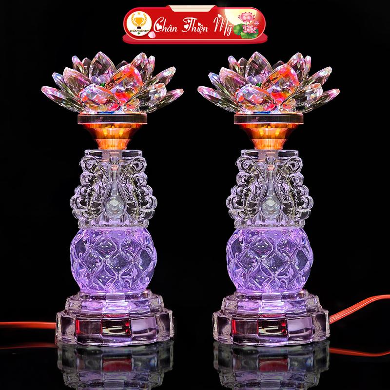 Đèn Hoa Sen Pha Lê Cao Cấp Có Led Nhiều Màu CHÂN THIỆN MỸ, Đèn Để Bàn Thờ Phật, Gia Tiên HSPL-23