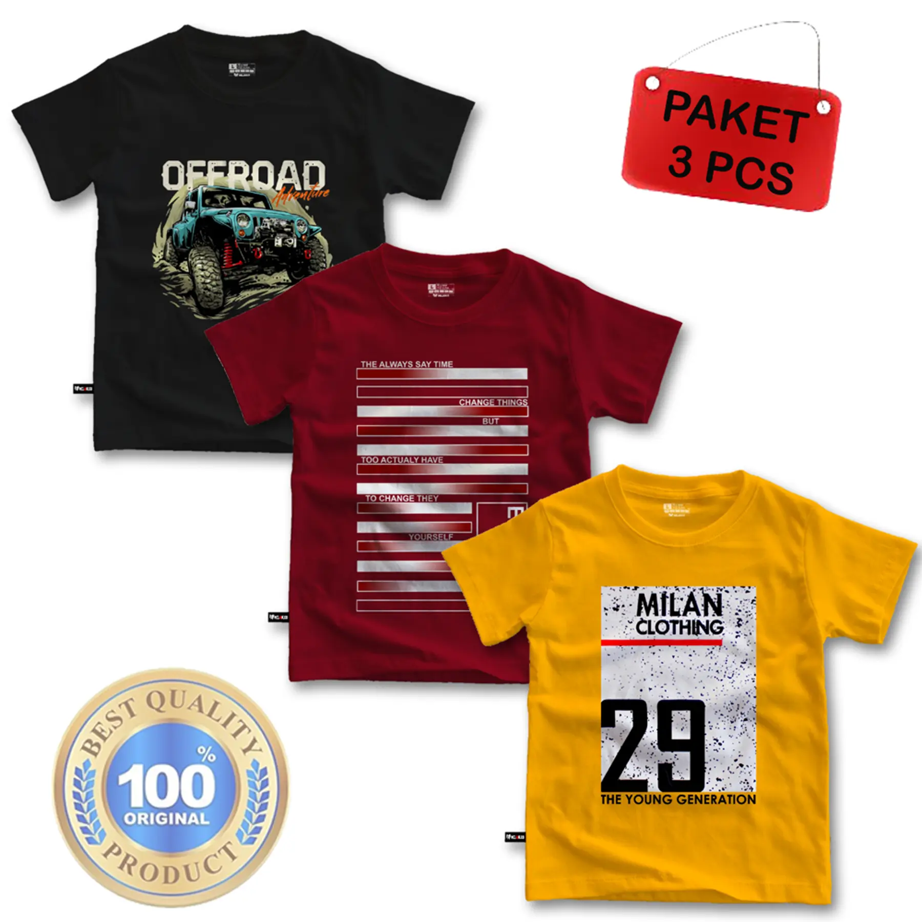 Paket 3 pcs kaos distro anak laki laki dan perempuan usia 3,5-14 tahun bahan katun combad 30s Combed Cotton baju
