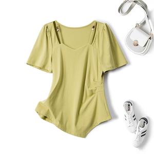 Kemeja-T Leher V Manik Perancis, Gaya Baru Musim Panas, Saiz Besar, Slim-fit Tidak Teratur, Baju Atasan, 64601