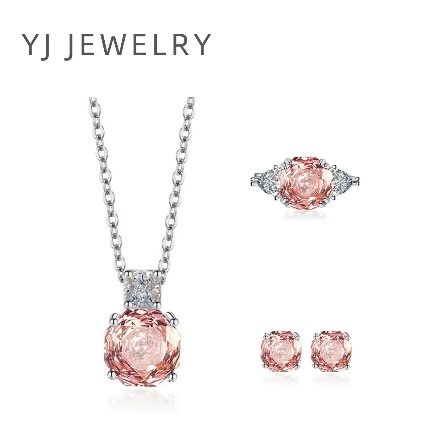 YJ-Popular Jewelry Set Rose Cut Ring Earring Necklace Orange Padparadscha Color