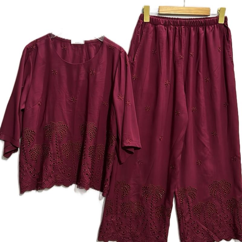  A11 - Set bộ chất vải   Linen  thêu đục   xinh sắn quần dài 90cm ống 35 cm  lưng thun 2 túi dọc zsei từ 50 đến 120kg. 