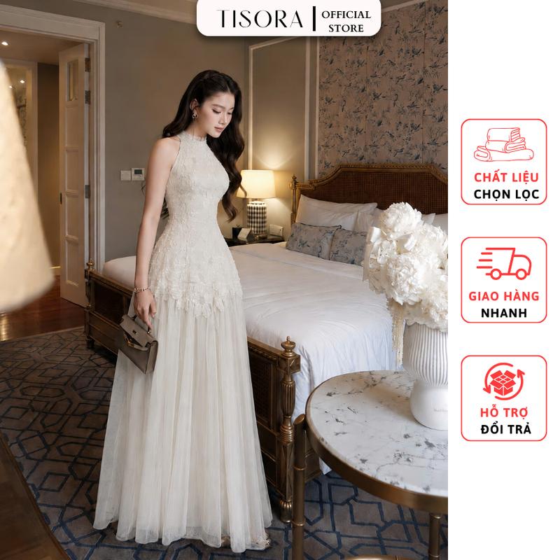 Tisora Đầm cổ yếm hở lưng đính kim sa kết hoa thủ công phối voan lưới