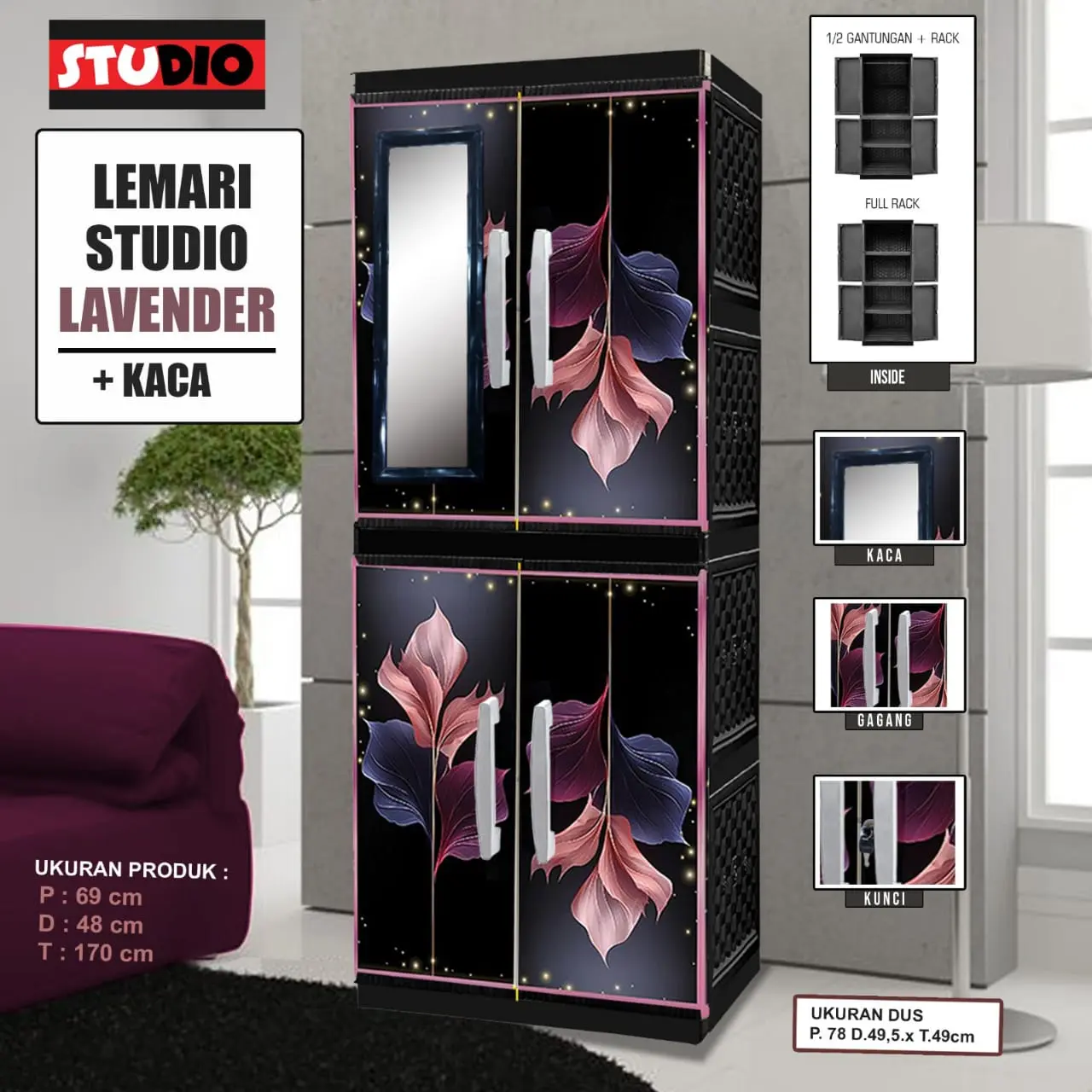LEMARI PLASTIK PAKAIAN SERBAGUNA STUDIO SUPER CABINET KACA