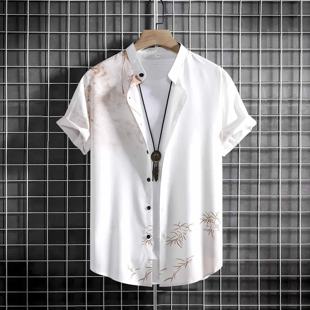 2024 Summer New Shirt Men Bamboo Ink Casual Beach Hawaii Fashion Loose Large Size Short Sleeve Turn-over Collar