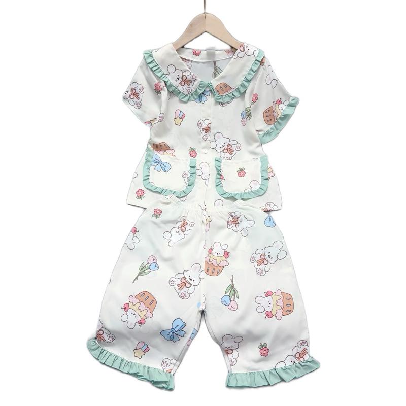 MÃ M19 :20-48kg . bộ đồ quần lửng pijama cổ bèo tiểu thư cho bé size đại. chất liệu LỤA MANGO mềm mịn, Bộ mặc nhà thoáng mát thấm hút mồ hôi Thun Áo Ngủ bé tiên đồ bộ pijama cho bé gái 30 đến