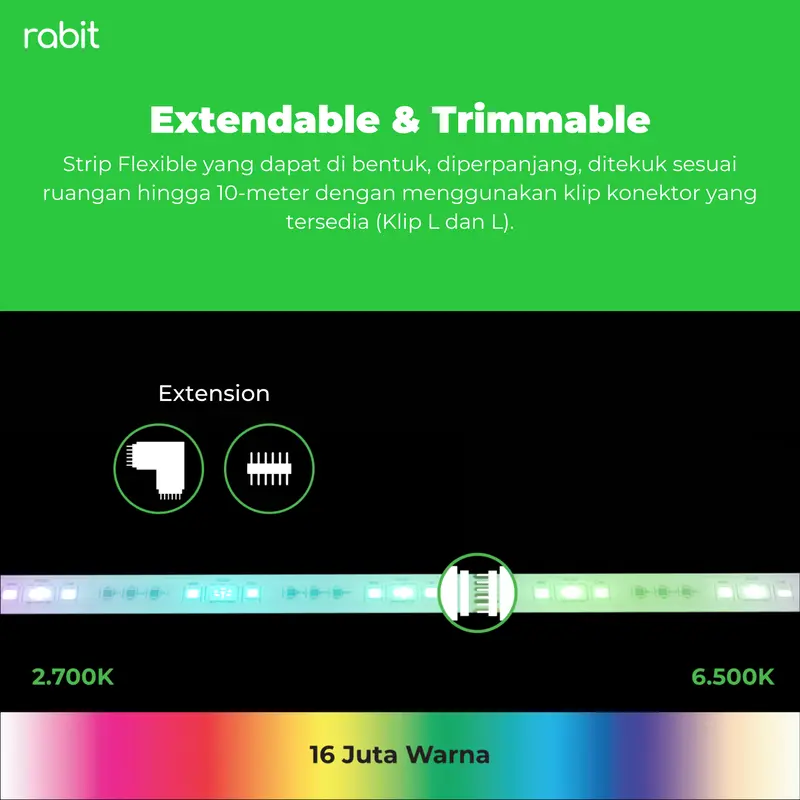 RABIT SMART LED STRIP COLOR 2M RGBWW 2 METER EXTENDABLE LAMPU PINTAR WIFI IP65 WATERPROOF