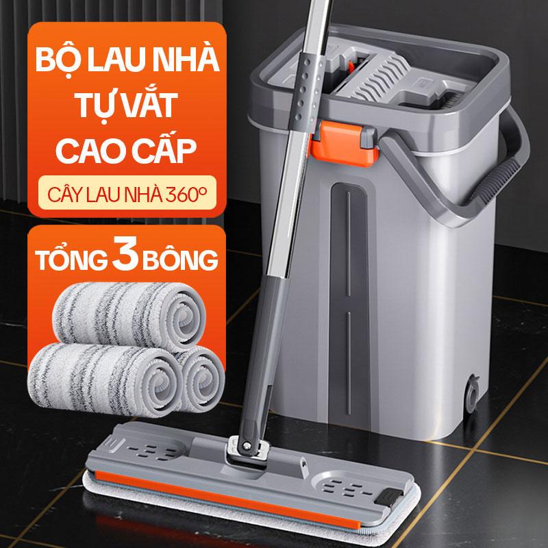 Bộ Cây Lau Nhà KITIMOP SM33 PRO Thùng 2 Ngăn Tự Vắt Thông Minh Chổi Lau Nhà Xoay 360 Độ 3 Bông Lau