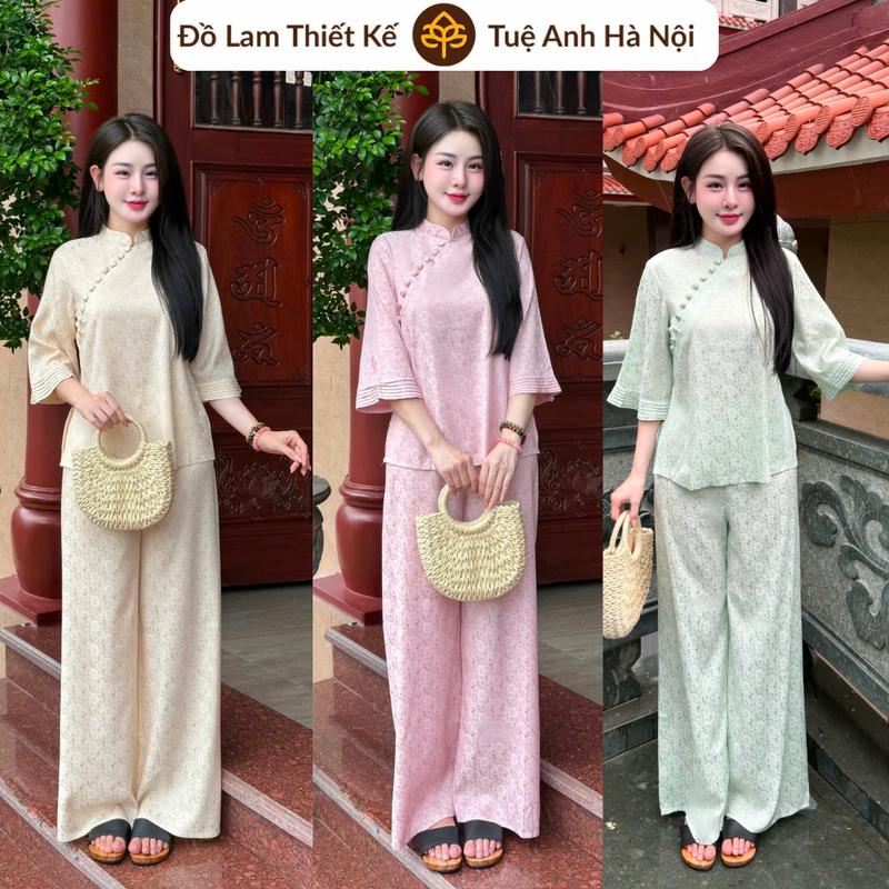   Họa Mi Y  Đồ lam đi chùa pháp phục lụa gấm hai da cao cấp hoa cúc nổi trang nhã nhẹ nhàng Women - Tuệ Anh Hà Nội 