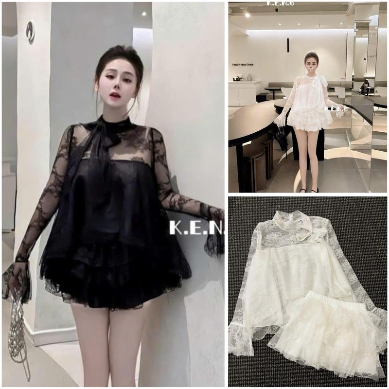   Hàng Sẵn   Sét Áo Ren Tiểu Thư Dài Tay Vạt Xoè Kèm Chân Váy Lưới Tầng Xoè-NỮ 