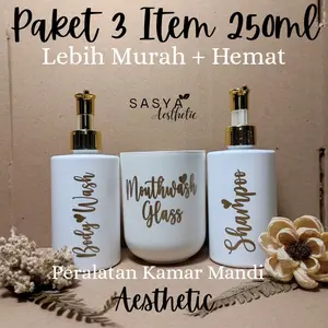 Paket Peralatan Kamar Mandi Botol Sabun & Shampo Pump Plastik Aesthetic Gelas Tempay Sikat gigi dispenser odol Putih Gold & Silver Lebih Murah & Hemat (Tp1)