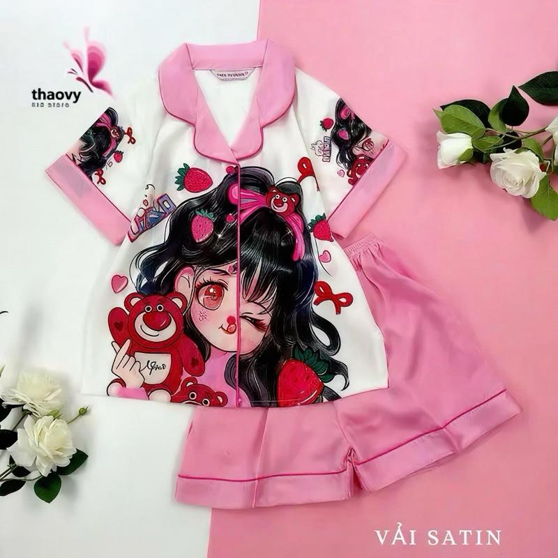 10-57Kg Đồ Bộ Pijama Đùi Gấu Dâu Chấm Bi" Vải Lụa Cao Cấp - ThaoVySleepwear - Xanh Rêu Đỏ Hồng Tím - Quần Áo Ngủ Pijama Nữ - Bé Gái - Bộ Ngủ Lụa Đồ Bộ Mặc Nhà Homewear Sleepwear Không Nhăn Co Giãn Không Xù Giặt Không Rút