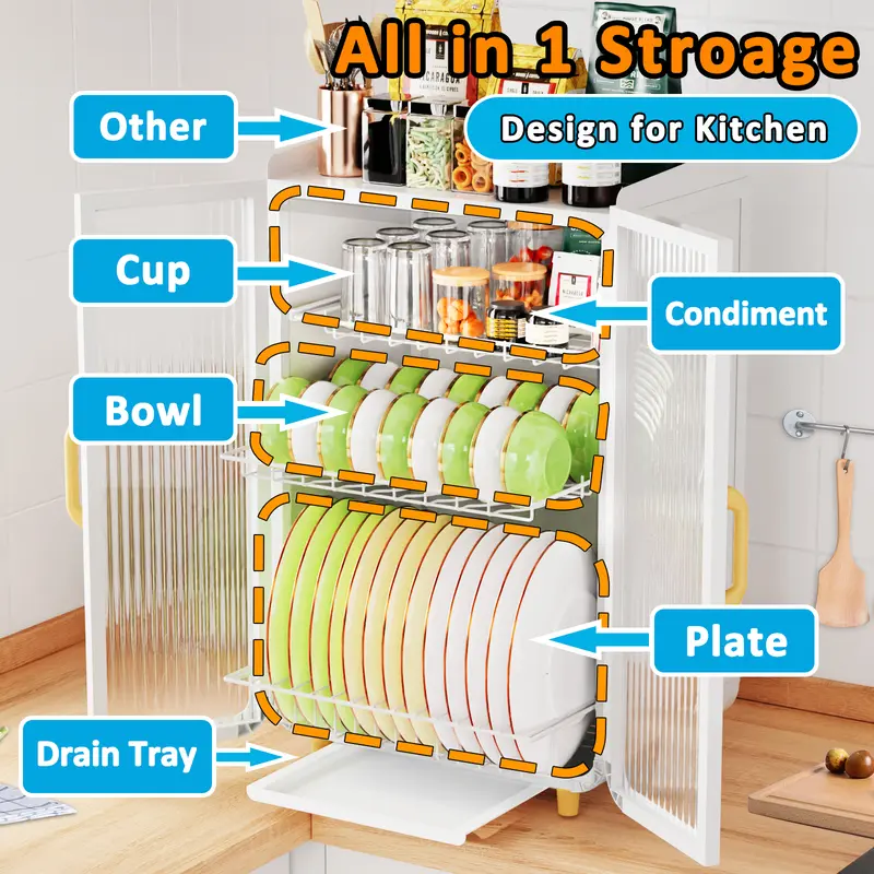 GSlife Promosi Toko Baru Rak Piring Tertutup 2/3 Tingkat Lemari Piring Serbaguna Dapur Rak Dengan Pintu Putih 7
