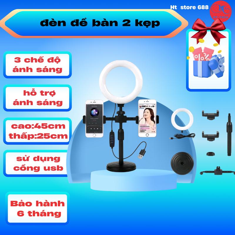  Đèn Livestream 3 in 1 Tích Hợp Giá Đỡ 2 Điện Thoại Có 3 Chế Độ Sáng Kẹp Điện Thoại Để Bàn Quay Video Selfie Phụ Kiện 