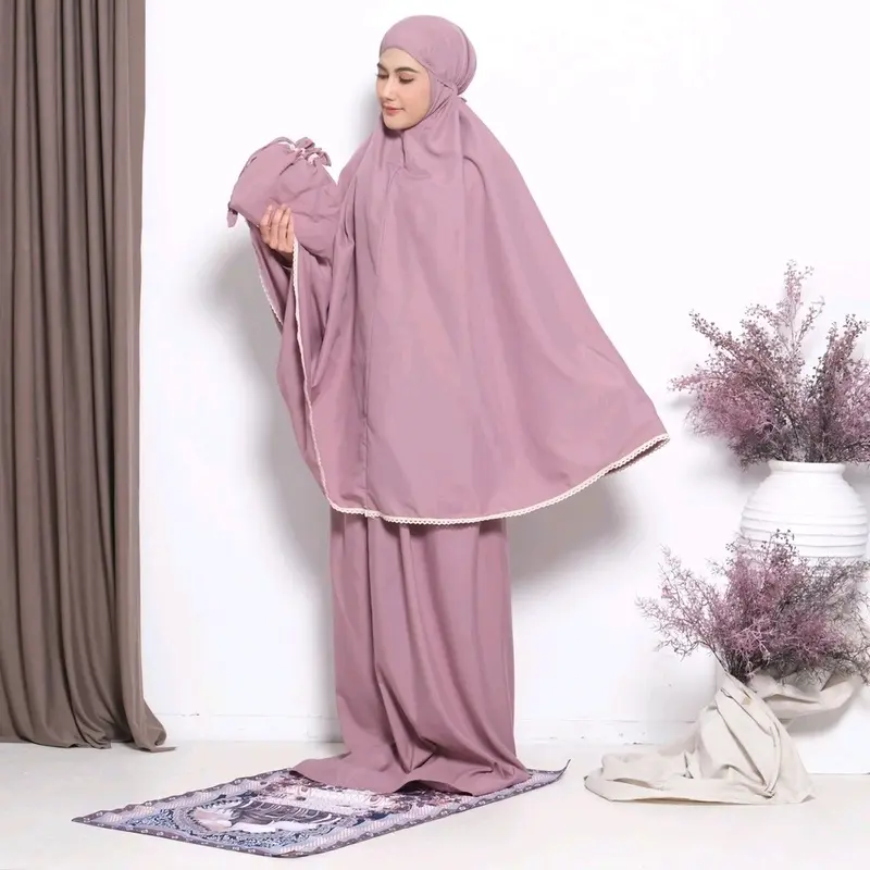Full Set Mukena + Sajadah Syakila Dewasa Travel Series Katun Polos Renda Arbifa Nyaman 0