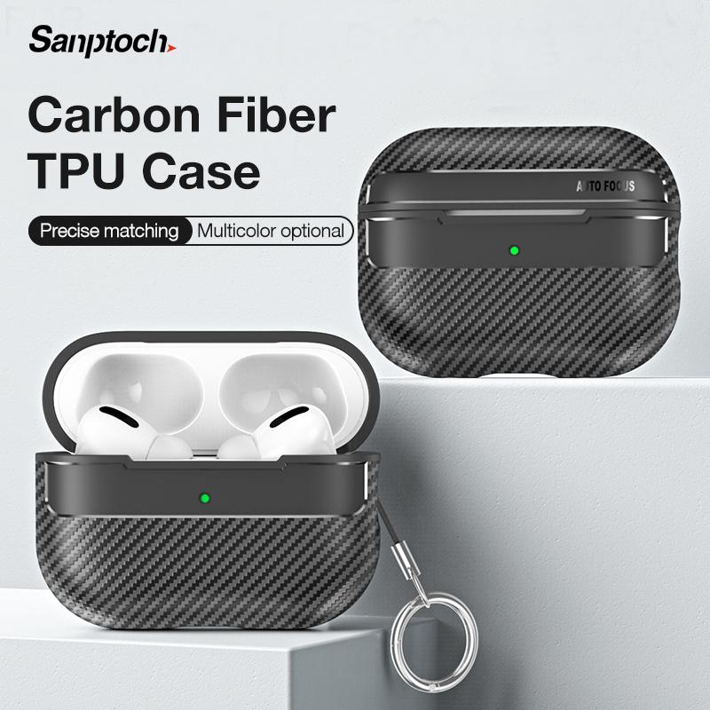  Vỏ kết cấu sợi carbon Sanptoch cho tai nghe không dây Apple Airpods Pro2   Pro   thế hệ thứ 3   2   1 vỏ bảo vệ cứng chống va đập đầy đủ có móc khóa 
