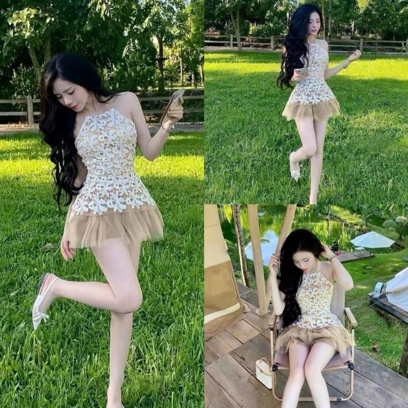  Mèo Mỡ Bigsize — Set bộ tiểu thư áo ren cổ yếm phối chân váy lưới ren xoè bigsize nữ 60-95kg 