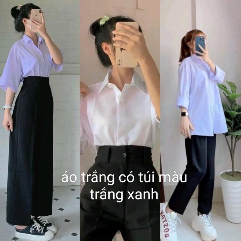 sét áo trắng với quần cạp cao (bộ quần áo trắng quần đen dài tay và ngắn tay Nữ Pants