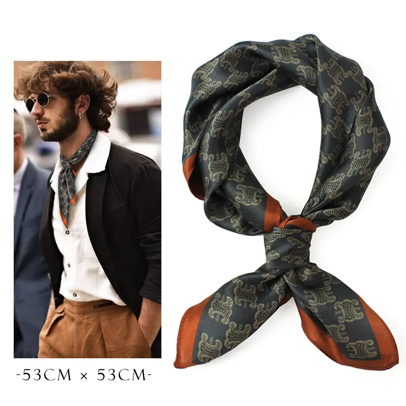 Spring and Autumn Vintage Men's Printed Silk Scarf Silk Square Silk Scarf With Suit Neck Neck Neck Gray Tide
