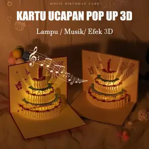 Kartu Ucapan Pop Up Kue Ulang tahun 3D Dengan Lampu Musik Cards Kertas