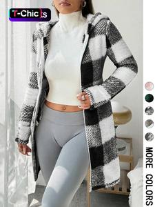 Abrigo de mujer con estampado de cuadros en vellón de manga larga con capucha, estilo casual, grosor moderado del material, para todas las estaciones, corte cómodo