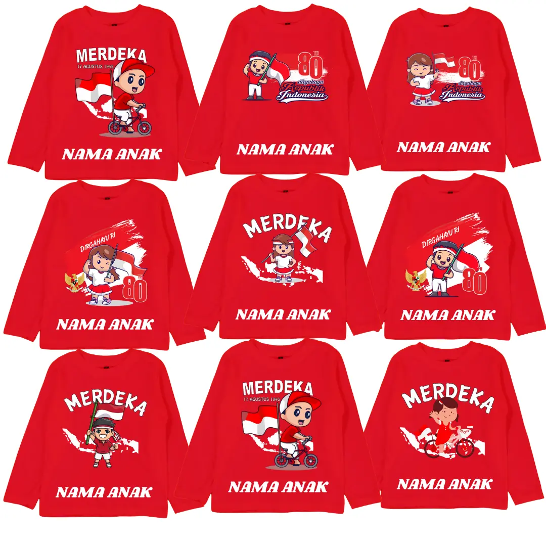Kaos anak Tangan panjang laki laki Permpuan Motif Kemerdekan Hut RI 17 Agustus Usia 1 2 3 4 5  6 7 8 9 10 11 12 Gratis Sablon NAMA ANAK