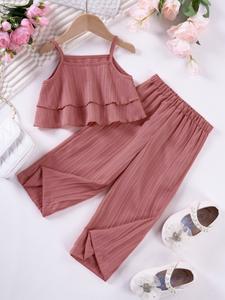 Conjunto de dos piezas para niña pequeña con top corto sin mangas de rayas y pantalones de pierna ancha, top sin mangas de cuello redondo lindo y casual & pantalones palazzo para verano, ropa para niños para uso diario