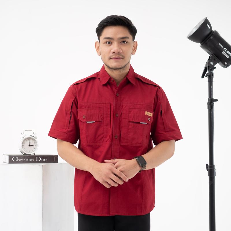 samone- kemeja stripe lengan pendek kemeja kerja dan santai pria lengan pendek bahan canvas ukuran normal dan jumbo casual - kemeja kerja 0