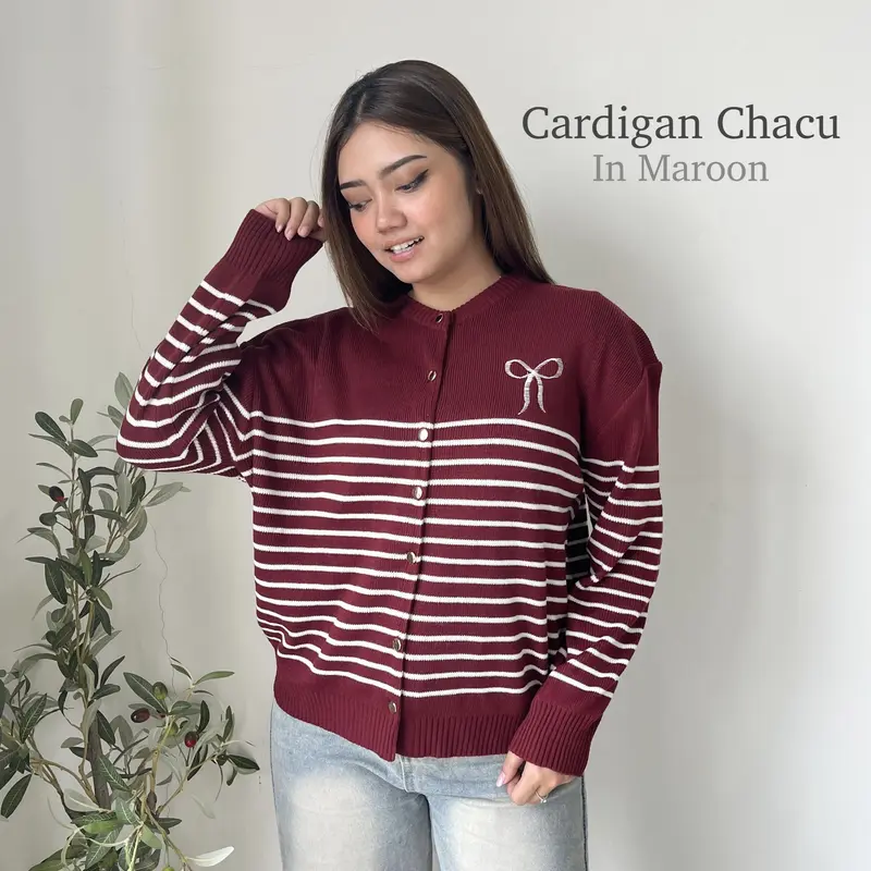PLUMFIT Cardigan Rajut Motif Garis Variasi Pita Bordir CHACU 1