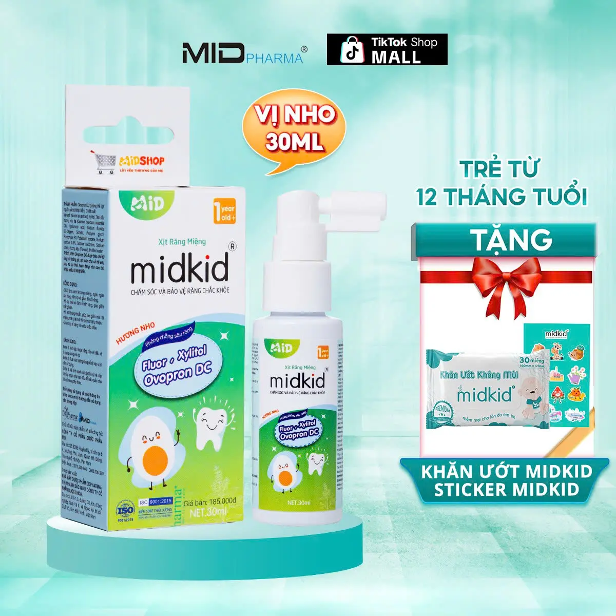 Xịt chống sâu răng Midkid cho trẻ nuốt an toàn, giúp làm sạch khoang miệng, trắng răng, bảo vệ men răng - Tặng Khăn ướt Midkid + Sticker
