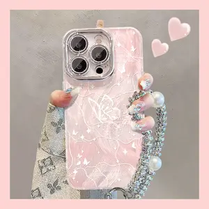 Case HP khusus untuk iPhone/OPPO/VIVO/Xiaomi/Redmi/Samsung/Infinix/Realme， desain kupu-kupu cantik nan elegan dengan motif sifon yang mengalir, tampil kreatif dan mewah, full cover anti jatuh, khusus wanita dengan pelindung lensa bawaan.