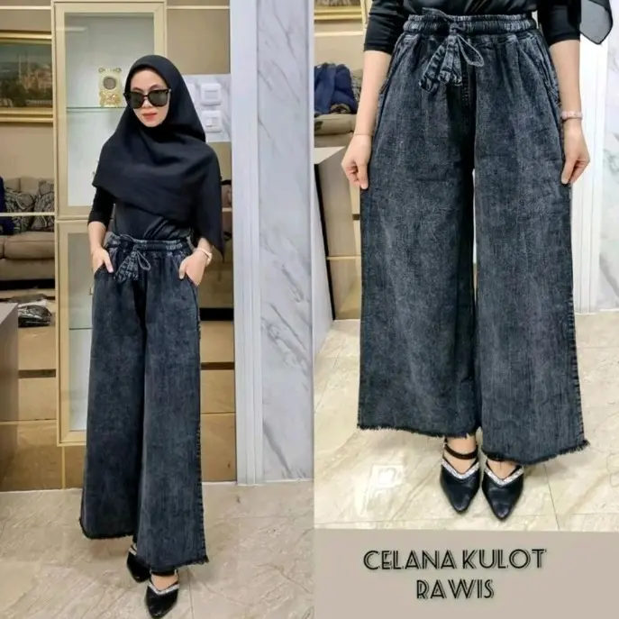 Celana Kulot Rawis Panjang Wanita Highwaist Jeans - Hitam - Bawahan Cutbray Denim Karet Dewasa Cewek