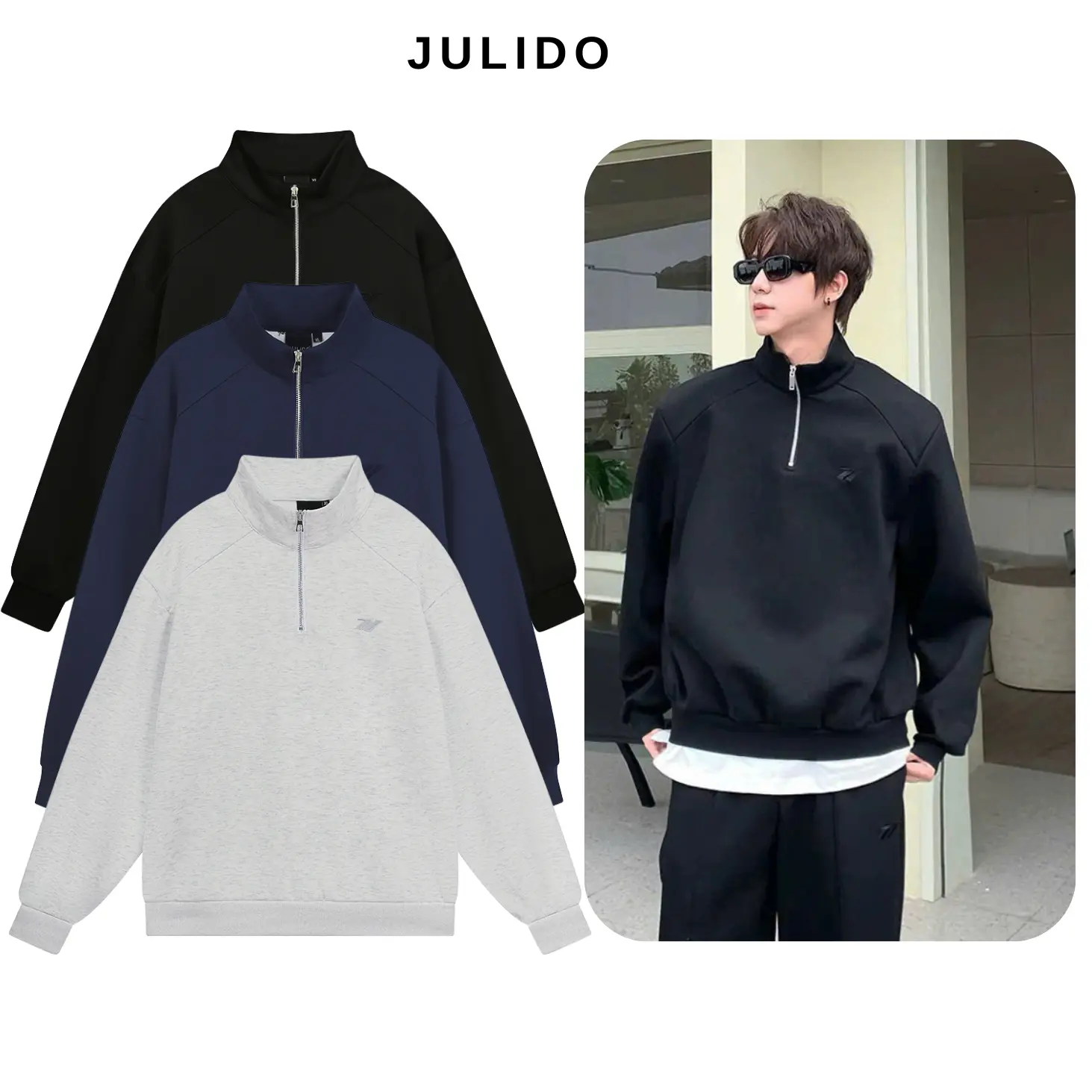 [ DEAL MỞ BÁN ] Áo Sweater cổ zip JULIDO vải nỉ 2 da có khóa cổ form rộng unisex